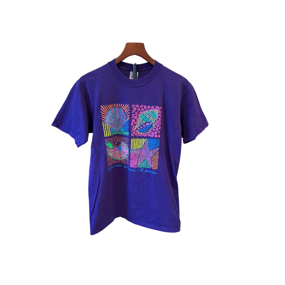 Vtg 90s Jerzees Hawaii Maui Kauai Sea Shells USA Neon Print T-Shirt Purple sz M